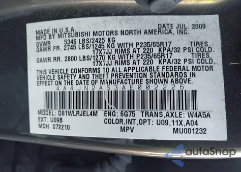 2010 Mitsubishi Endeavor z USA, uszkodzony, nr VIN 4A4JN2AS3AE002226